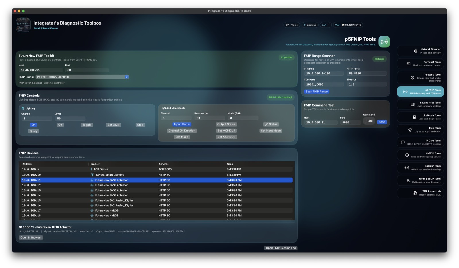 Diagnostic Tool screenshot showing p5FNIP 8x16A lighting controls and monostable I/O actions.