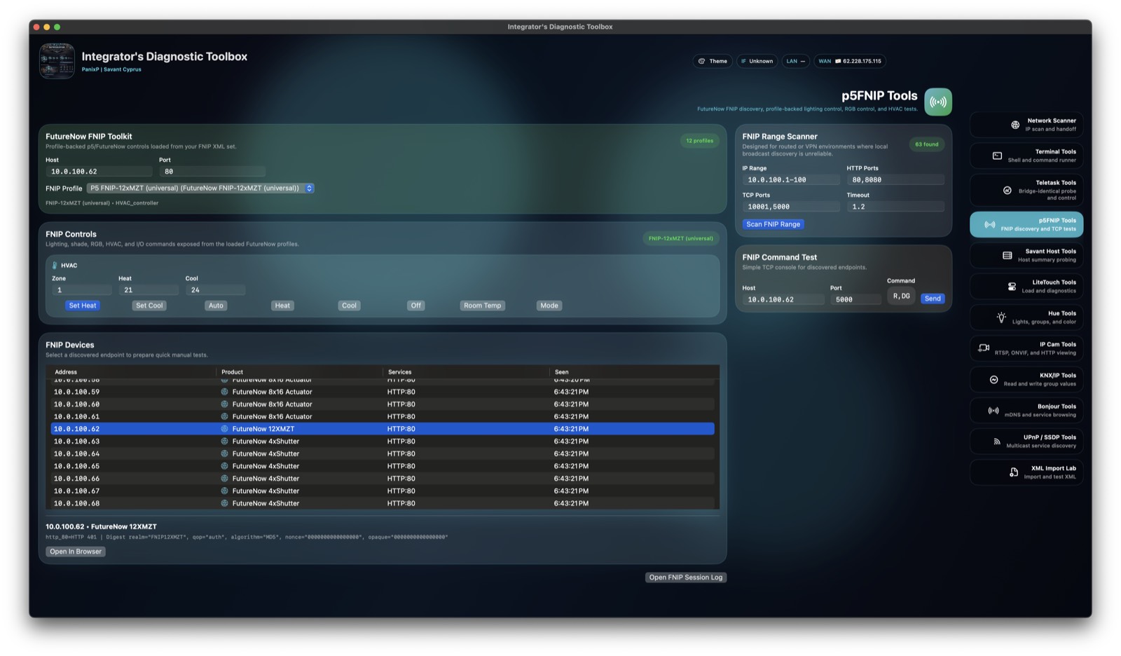 Diagnostic Tool screenshot showing p5FNIP HVAC controls.
