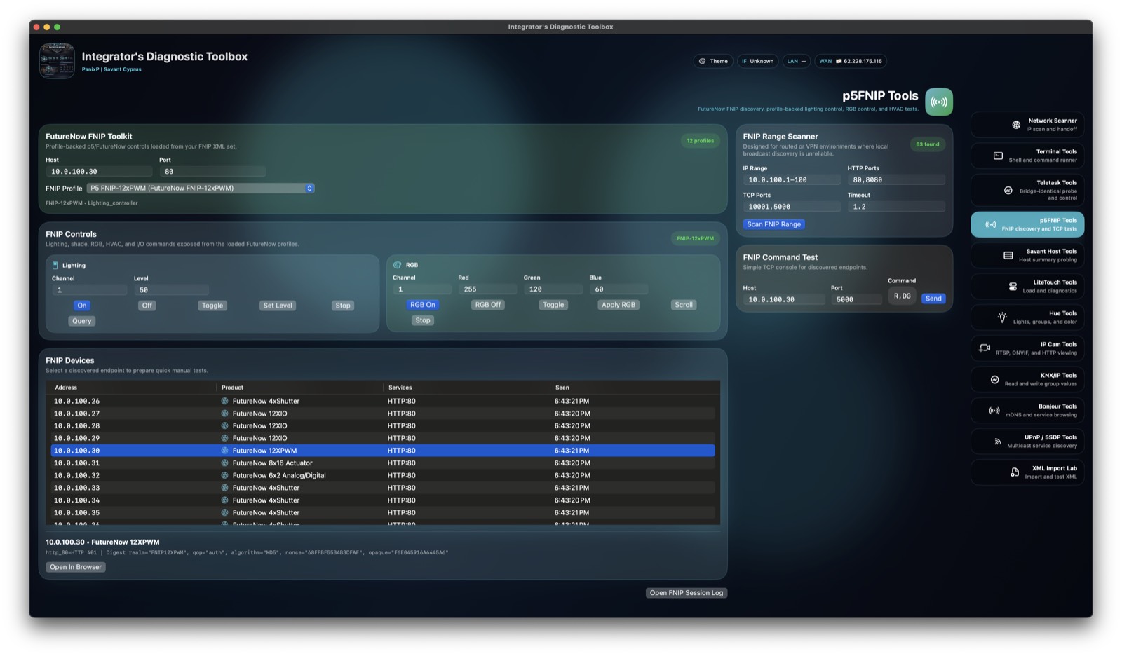 Diagnostic Tool screenshot showing p5FNIP RGB lighting controls.