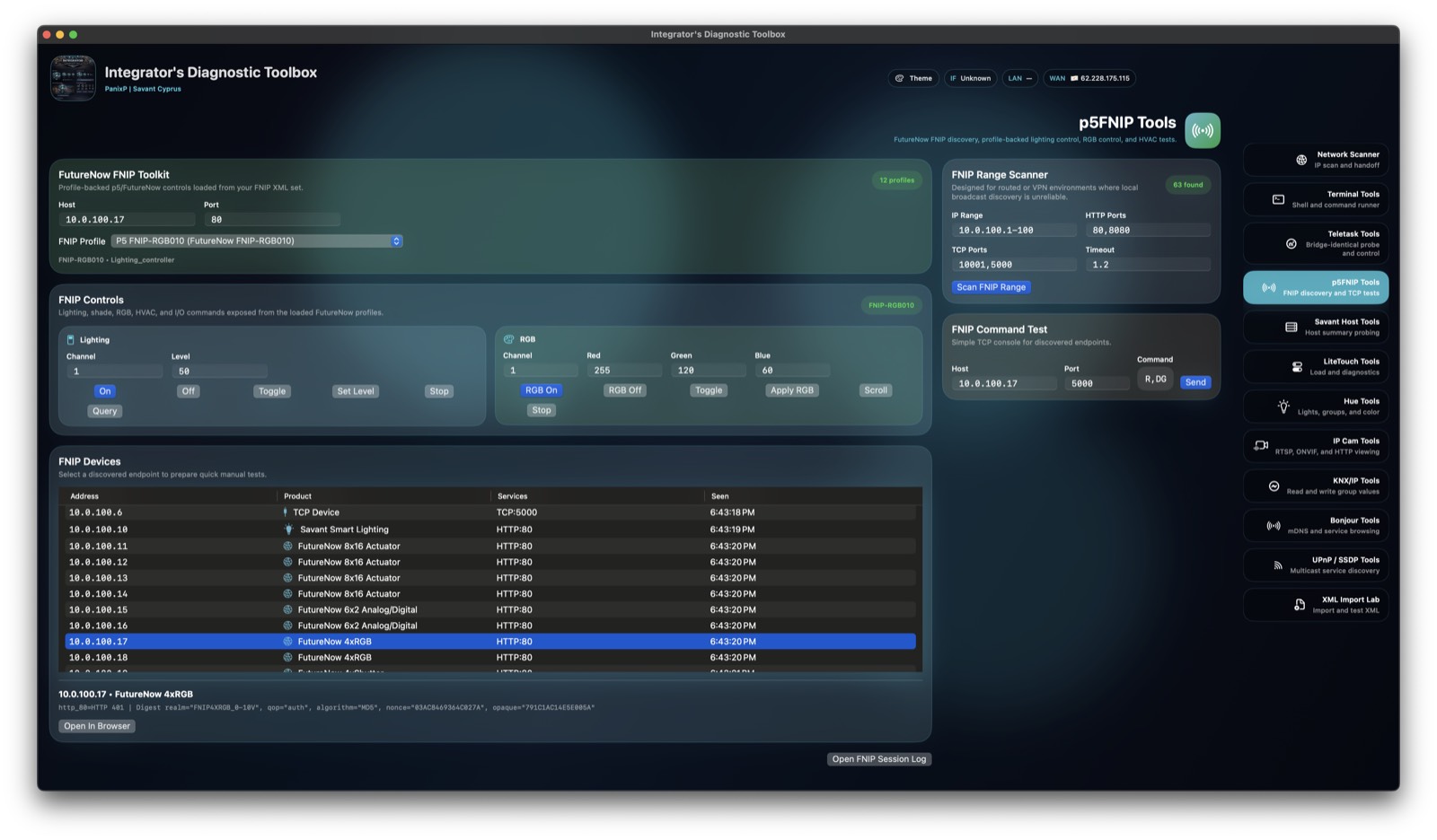 Diagnostic Tool screenshot showing p5FNIP RGB010 lighting profile controls.