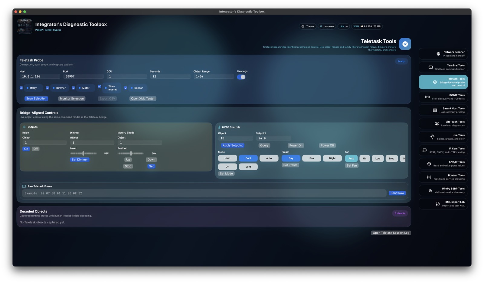 Diagnostic Tool screenshot showing the Teletask tools view with probe controls, bridge-aligned controls, and decoded objects.