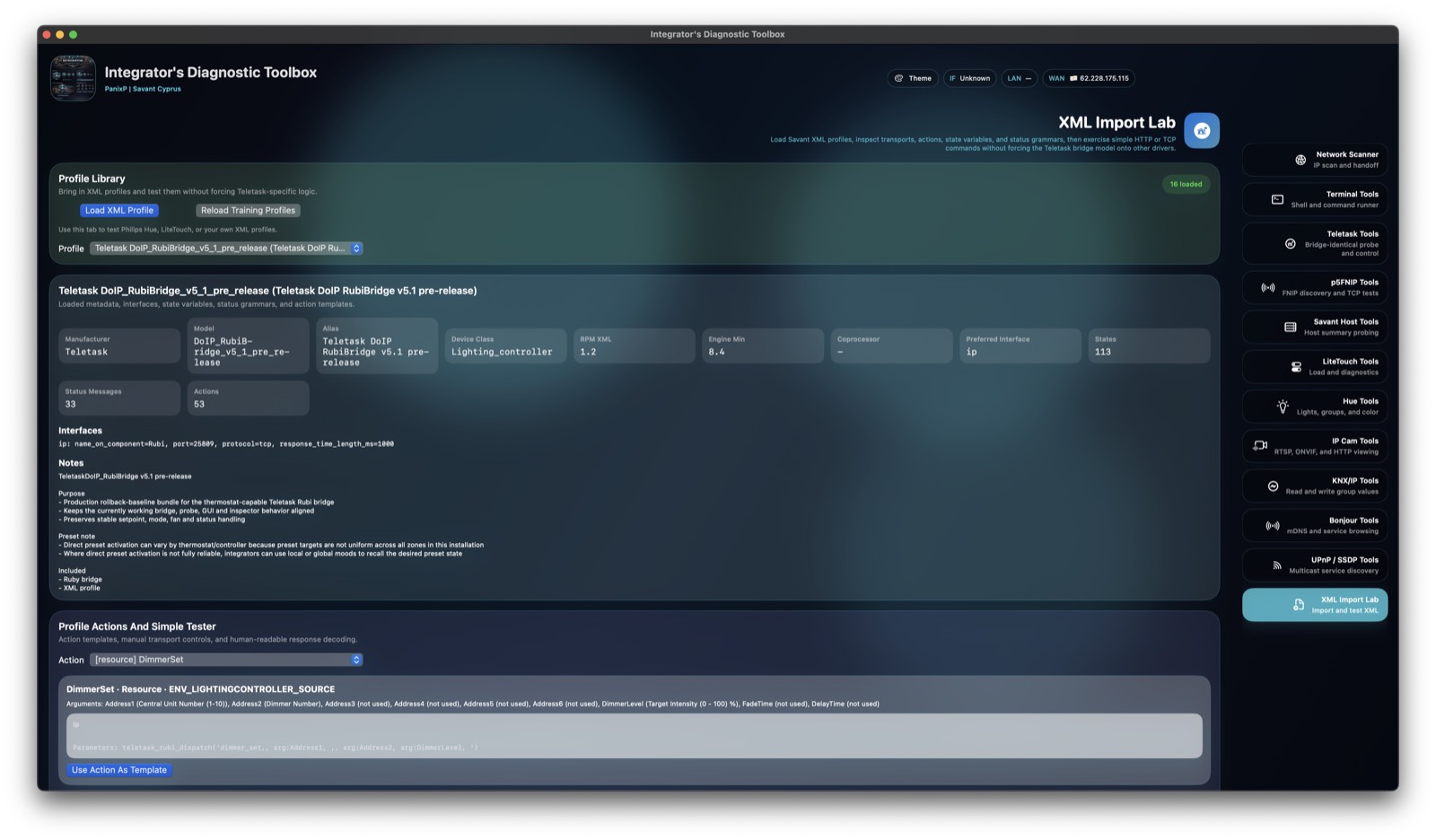 Diagnostic Tool screenshot showing the XML Import Lab with loaded profile metadata and profile action tester.